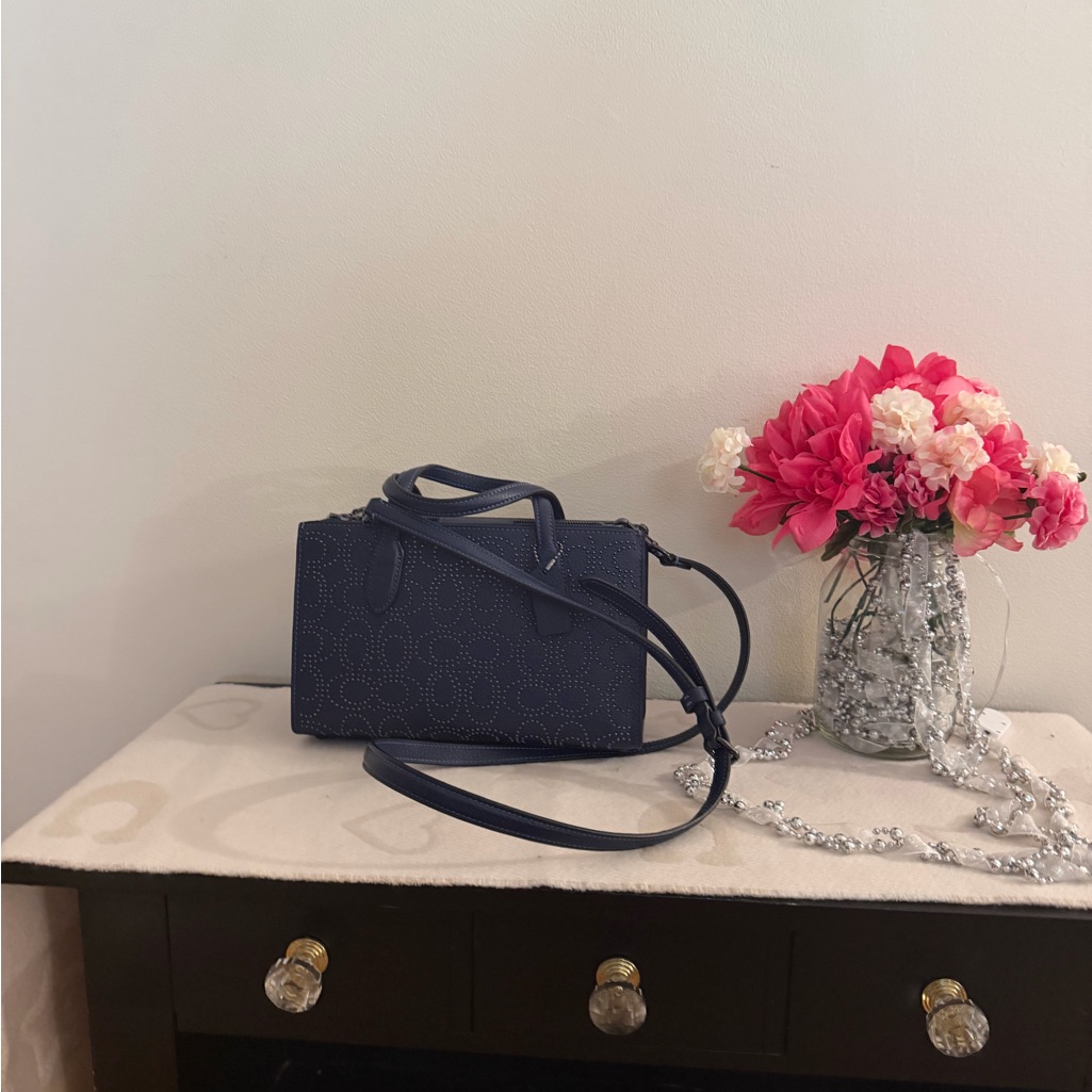 Nwot Coach Nina Small Tote Bag With Signature Rivets Navy Blue Leather